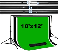 Heavy duty 10'x12' backdrop support kit with 10'x12' black/white/green backdrops