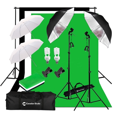 Photo Studio Continuous 2-Head Umbrella Lighting Light Black/White/Green High Key Muslin Backdrop Stand Kit