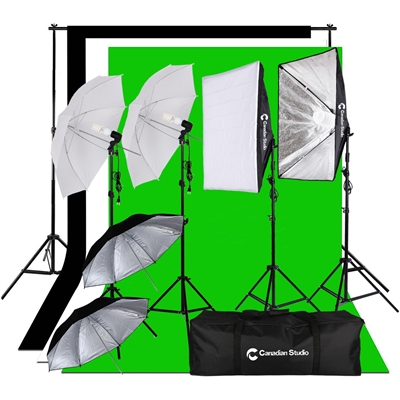 CanadianStudio Photography Studio 1400 watt Continuous Lighting Umbrella softbox Light 10ft x 12ft Black/White/green High Key Muslin Backdrop Stand Kit