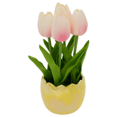 Pink Tulips in Yellow Egg Pot