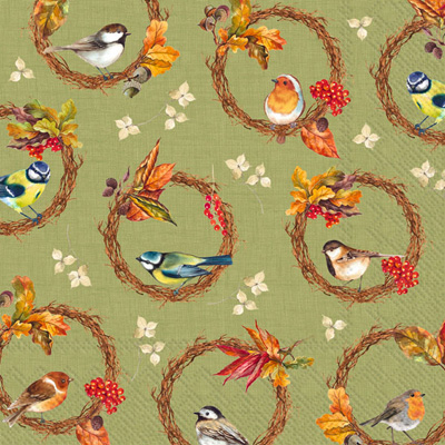 Birds In The Wreath Cocktail Napkin Green