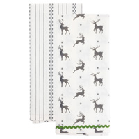 Gray Reindeer & Stripes Tea Towels (set of 2)