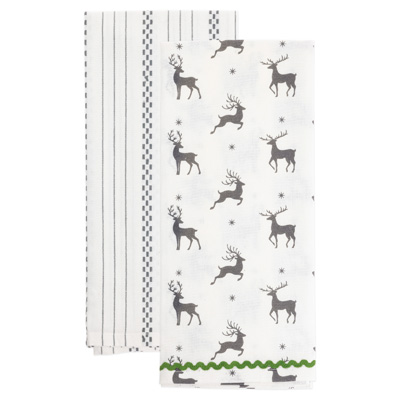 Gray Reindeer & Stripes Tea Towels (set of 2)