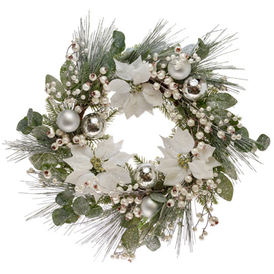 White Poinsettia Silver Ball Wreath