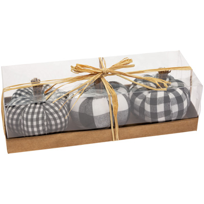 B&W Check Pumpkins In Box Set of 3