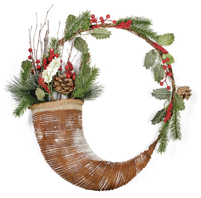 Rustic Christmas Evergreen Berries Horn Wreath
