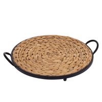 Large Round Grass & Metal Tray W Handles