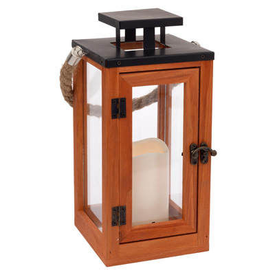 Wood Admiral Brown Lantern, Led Candle, Rope