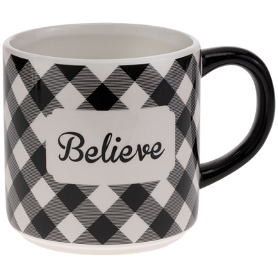 BELIEVE BLACK & WHITE CHECK MUG