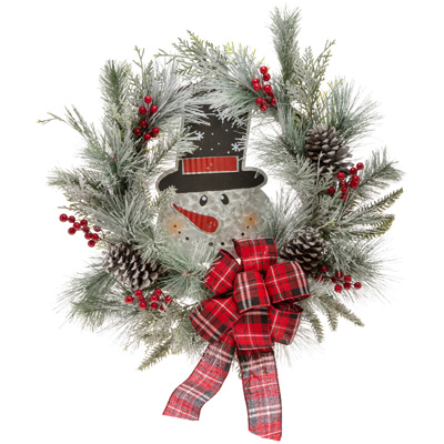 Snowman Wreath With Plaid Bow