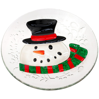 Smiling Snowman Round Glass Plate