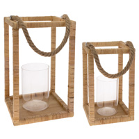 Natural Rattan Wrapped Lanterns S/2 W Rope Handle