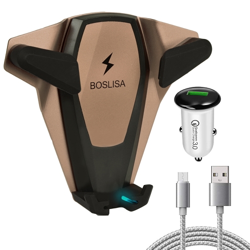 Boslisa Anu-c1802 Wireless Fast Charging Car Air Vent Mount Forqi-compatible Smartphones W/qc 3.0 Car Charger (gold)