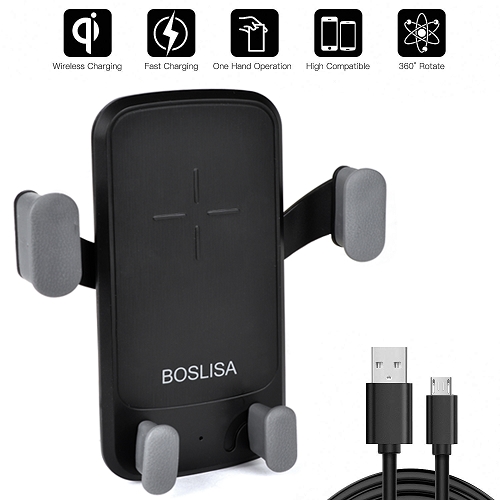 Boslisa Bx2 Wireless Fast Charging Car Air Vent Mount Forqi-compatible Smartphones W/usb Charging Cable (black)