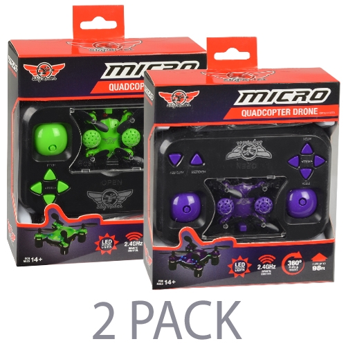 (2-pack) Sky Rider Micro Quadcopter Drone (1.25"") W/led Lights &flip - 2.4ghz 4-ch/6-axis Remote Control (purple/green)