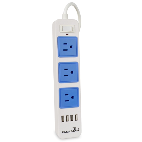 Krazilla 3-outlet Power Strip W/4 Usb Charging Ports (blue & White)