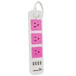 Krazilla 3-outlet Power Strip W/4 Usb Charging Ports (pink & White)