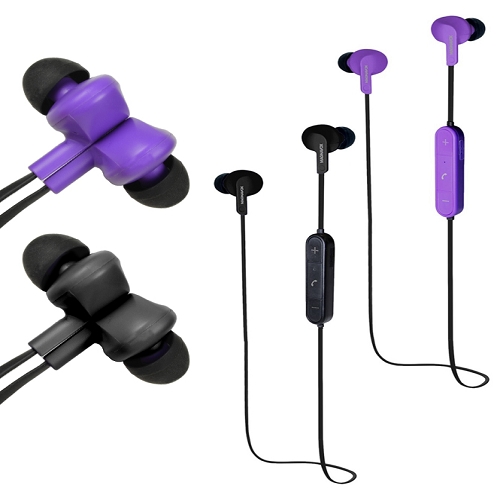 (2-pack) Magnavox Mbh525c Water/dust Resistant Bluetooth Stereoearphones W/microphone/volume Control (black/purple)