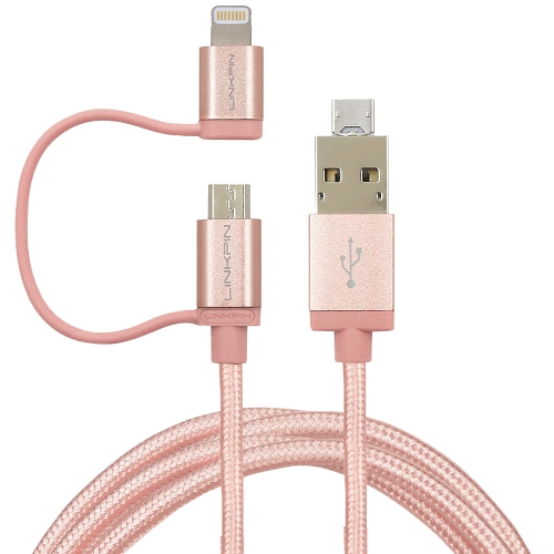 4' (1.2m) Linkpin 2-in-1 Mfi Lightning To Usb & Usb To Micro Usbcable For Iphone&#44; Ipad & Android (rose Gold)