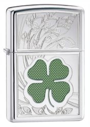 Zippo Lighter - Shamrock Clover High Polish Chrome - 24699