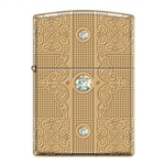 Zippo Lighter - Deep Carved Walled Solid Brass w/ 3 Swarovski Crystals - 853458