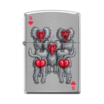 Zippo Lighter - Monkeys 5 of Hearts Brushed Chrome - 853684