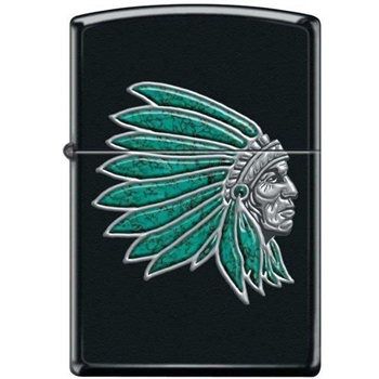 Zippo Lighter - Chief With Turquoise Feathers Black Matte - 853920
