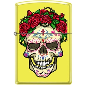 Zippo Lighter - Skull With Roses Neon Yellow - 853937