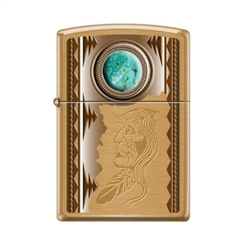 Zippo Lighter - American Indian w/ Turquoise Brush Brass - 854023