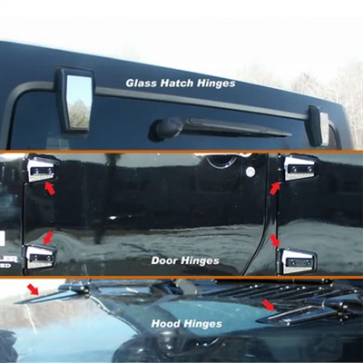 Jeep Wrangler 4 door Chrome Hinge Accent Trim, 12pc 2007, 2008, 2009, 2010, 2011, 2012, 2013, 2014, 2015, 2016, 2017, 2018