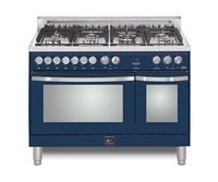 Lofra CURVA 48 Inch Range Freestanding Dual Fuel Oven 7 Brass Burners, 9 Cooking Modes,Convection Blue