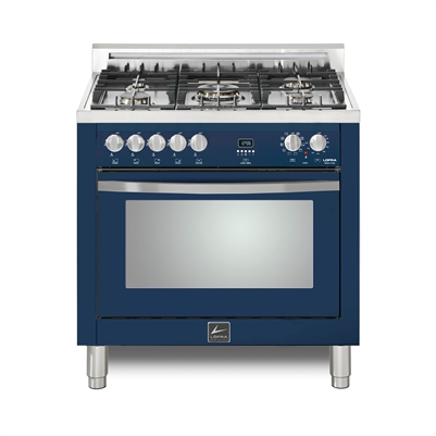 Lofra CURVA 36 Inch Range Freestanding Dual Fuel Oven 5 Brass Burners, 9 Cooking Modes, Convection Blue