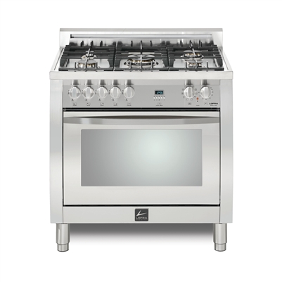 Lofra CURVA 36 Inch Range Freestanding Dual Fuel Oven 5 Brass Burners, 9 Cooking Modes, Convection Stainless Steel