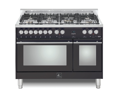 Lofra Maestro 48 Inch Range Freestanding Dual Fuel Double Oven 7 Brass Burners, Convection, Chrome Trim In Matte Black