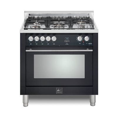 Lofra Maestro 36 Inch Range Freestanding Dual Fuel Oven 5 Brass Burners, Convection Chrome Trim In Matte Black