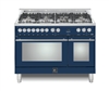 Lofra Maestro 48 Inch Range Freestanding Dual Fuel Double Oven 7 Brass Burners, Convection, Chrome Trim In Blue