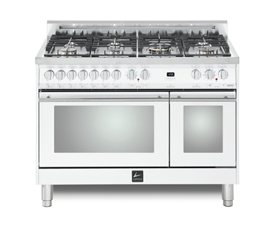 Lofra Maestro 48 Inch Range Freestanding Dual Fuel Double Oven 7 Brass Burners, Convection, Chrome Trim In White