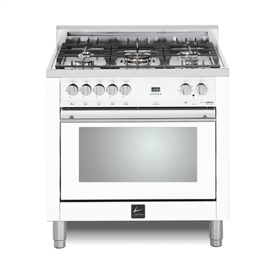 Lofra Maestro 36 Inch Range Freestanding Dual Fuel Oven 5 Brass Burners, Convection Chrome Trim In White