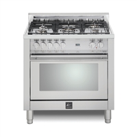 Lofra Maestro 36 Inch Range Freestanding Dual Fuel Oven 5 Brass Burners, Convection Stainless Steel Chrome Trim