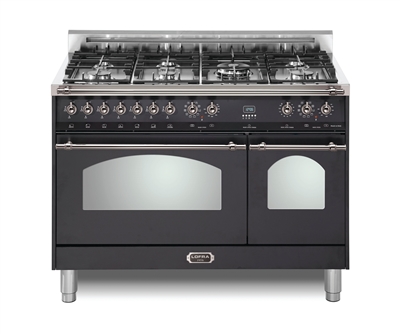 Lofra Dolcevita 48 Inch Range Freestanding Dual Fuel Range Double Oven 7 Brass Burners, Convection Matte Black Chrome Trim