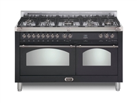 Lofra Dolcevita 60 Inch Range Freestanding Dual Fuel Range Double Oven 8 Brass Burners, Convection Matte Black Chrome Trim