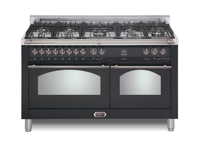 Lofra Dolcevita 60 Inch Range Freestanding Dual Fuel Range Double Oven 8 Brass Burners, Convection Matte Black Chrome Trim