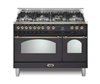 Lofra Dolcevita 48 Inch Range Freestanding Dual Fuel Range Double Oven 7 Brass Burners, Convection Matte Black Brass Trim