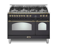 Lofra Dolcevita 48 Inch Range Freestanding Dual Fuel Range Double Oven 7 Brass Burners, Convection Matte Black Brass Trim