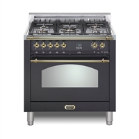 Lofra Dolcevita 36 Inch Range Freestanding Dual Fuel Range Oven 5 Brass Burners, Convection Matte Black Brass Trim