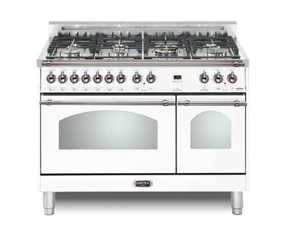 Lofra Dolcevita 48 Inch Range Freestanding Dual Fuel Range Double Oven 7 Brass Burners, Convection White Chrome Trim