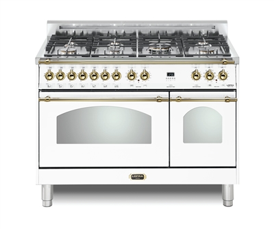 Lofra Dolcevita 48 Inch Range Freestanding Dual Fuel Range Double Oven 7 Brass Burners, Convection White Brass Trim