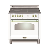 Lofra Dolcevita 30 Inch Induction Range Oven Freestanding, Convection,9 Cooking Modes, 4 Heating Zones,1 Bridge Zone, Power Boost, White Brass Trim