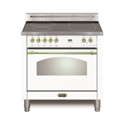 Lofra Dolcevita 30 Inch Induction Range Oven Freestanding, Convection,9 Cooking Modes, 4 Heating Zones,1 Bridge Zone, Power Boost, White Brass Trim