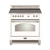 Lofra Dolcevita 36 Inch Induction Range Oven Freestanding, Convection,9 Cooking Modes, 5 Heating Zones,1 Bridge Zone, Power Boost, White Brass Trim